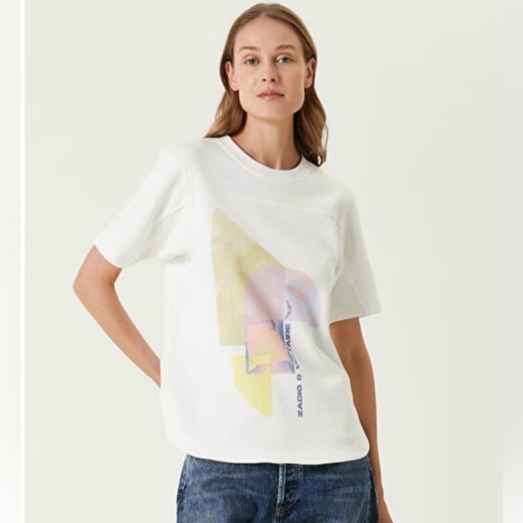 Zadig & Voltaire White Bow Mo Terry Palmier Graphic Short Sleeve Crewneck Tee M - Picture 1 of 6